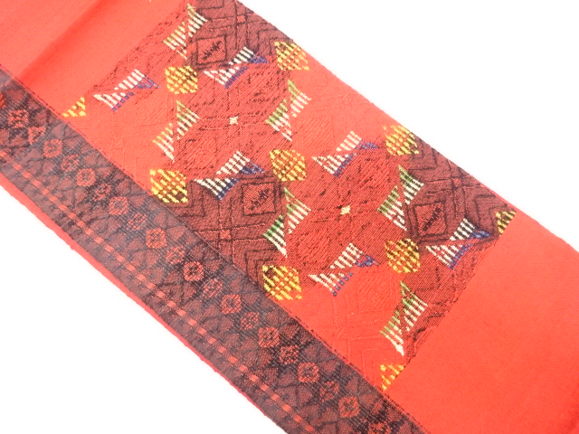 手織り紬　幾何学模様織り出し　名古屋帯